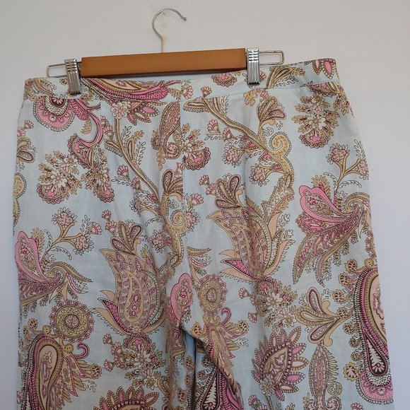 Tommy Hilfiger 100% linen pale blue, pink, gold paisley pastel crop pants SZ 10 - Picture 7 of 10